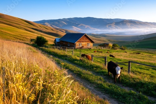 Scenic Organic Cattle Ranch Beside Rolling Hills Under Bright Sky at Dawn