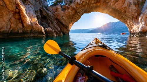 Kayaking Through a Mysterious Cave with Turquoise Waters Near a Sunlit Horizon