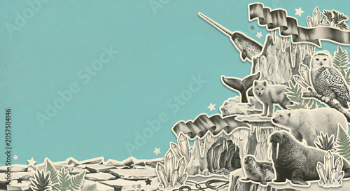 Vintage Editorial Collage of Arctic Wildlife and Polar Nature, Frozen Ecosystem Conservation Concept for Educational Banner with Copy Space