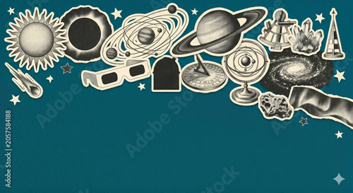 Vintage Editorial Collage of Astrology and Cosmic Cycles, Celestial Exploration and Space Mystery Concept for Educational Banner with Copy Space