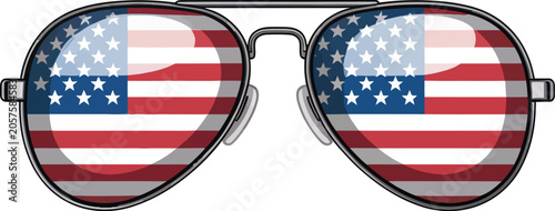 Aviator sunglasses with american flag reflection, featuring red, white, and blue stars and stripes pattern on lenses