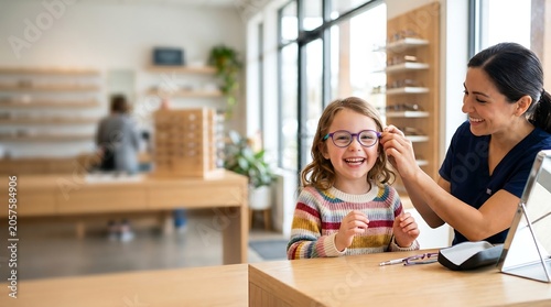 A smiling young girl with glasses is having her new eyeglasses adjusted by an optometrist in a bright, modern optical shop.