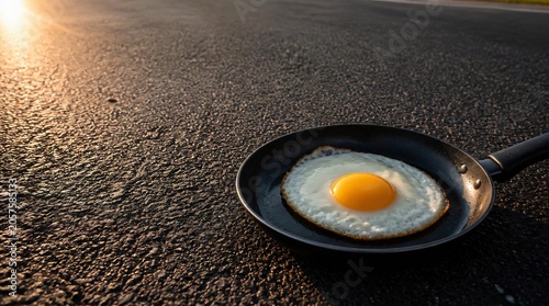A single fried egg cooks in a pan on the hot concrete surface