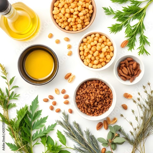 Detailed top view of Mediterranean diet components featuring olive oil, chickpeas, lentils, and assorted nuts, isolated on white.