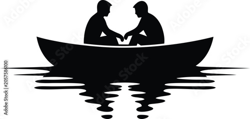 Bild auf Leinwand Two men sitting in a boat on calm water surface vector illustration