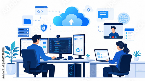 Software developers collaborating on cloud computing projects, managing data and web services with secure digital infrastructure and remote teamwork