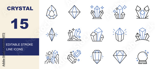 Tableau sur toile Crystal, Gemstone, Quartz and Mineral Line Icons Set Editable Stroke Vector Illu