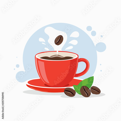 Red Coffee Cup with Falling Bean and Coffee Beans