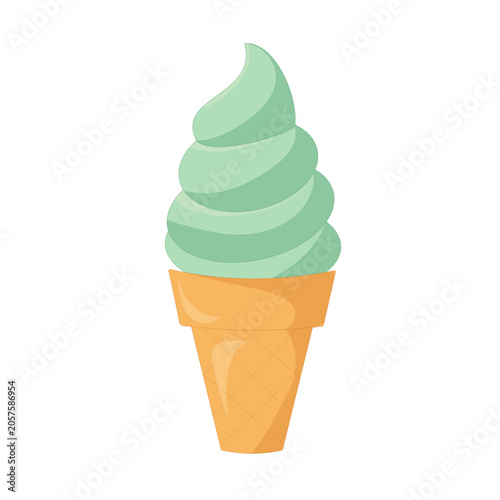 Mint soft serve ice cream cone vector illustration isolated on a light background. Minimal flat design featuring a sweet frozen dessert with pastel colors, perfect for food related projects