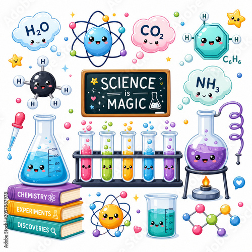 Kawaii science chemistry laboratory icons set with cute cartoon elements and test tubes
