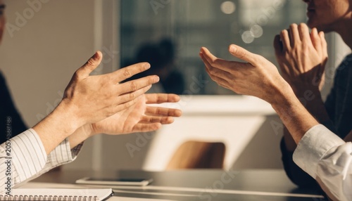 Two people engaged in a discussion, gesturing with their hands over a desk in a modern office setting.