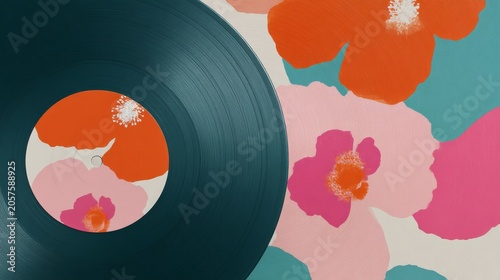 Vinyl Record Over Colorful Floral Pattern Retro Music Artwork Design