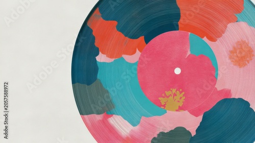 Black LP Disc With Blooming Flowers Contemporary Pop Art Background
