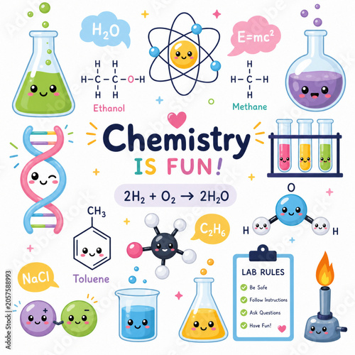 Cute Kawaii Scientific Elements Set with Chemical Structures and Laboratory Equipment Illustrations