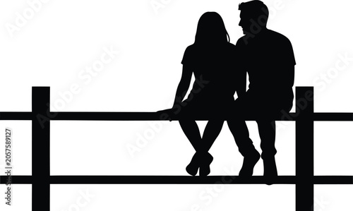Young romantic couple sitting together on a wooden fence vector illustration