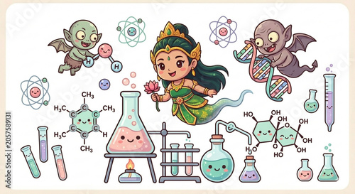 Kawaii Science Laboratory Icons with Cute Genie and Magical Chemistry Elements Illustration