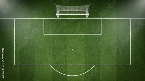 Soccer field top view with goal post and white markings, green grass football pitch background, aerial stadium turf for sports broadcast