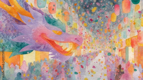 Watercolor Dragon Festival Parade with Colorful Lantern Celebration