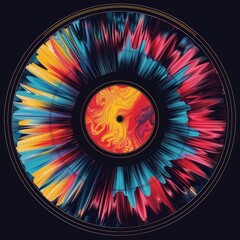 vinyl record with tie dye psychedelic color explosion inside the disc, flowing organic shapes