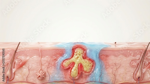 Cross-section visualization of skin pore health, showcasing sebum secretion and hair follicle structure in a realistic clinical medical context.