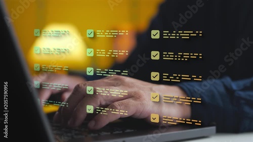 Project coordinator checking completed tasks on a digital checklist interface using laptop. Concept of project milestone monitoring, routine workflow optimization, and survey assessment.