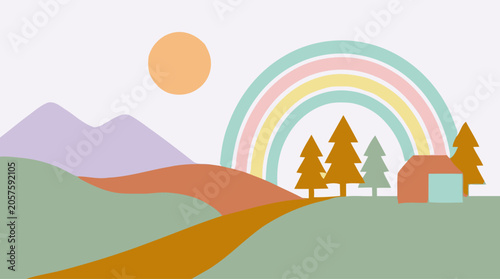 Bild auf Leinwand Vibrant rainbow appears over serene landscape with trees and barn