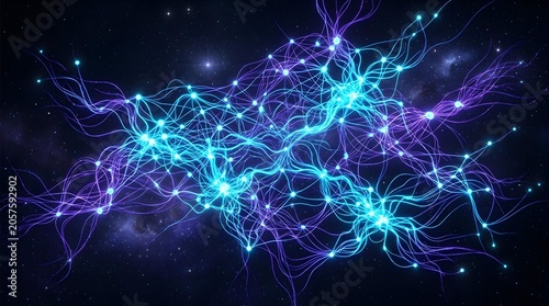 Vibrant glowing neural network resembling a digital brain in a dark cosmic space