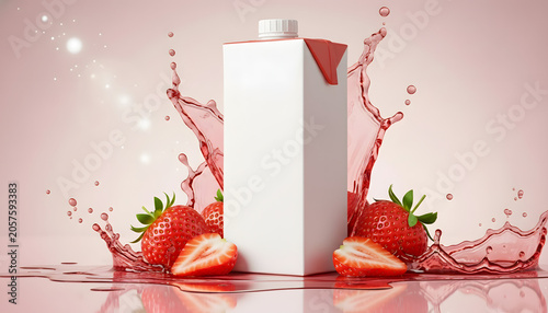Strawberry juice carton with splashing red liquid and fresh fruit arrangement