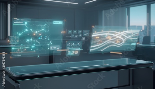 Futuristic smart city control room console with wide holographic interface displaying digital data maps and urban infrastructure metrics for global network monitoring