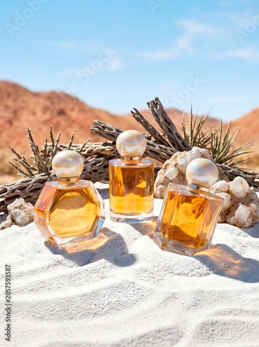 Three perfume bottles on sand with desert landscape backdrop product shot