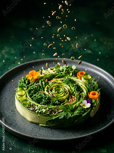 Vegetable spiral art on plate with falling seeds and transparent background