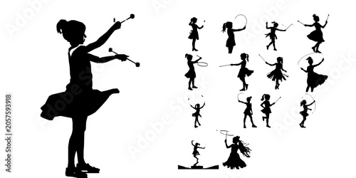 Fotografie Girl Practicing Baton Twirling Silhouette