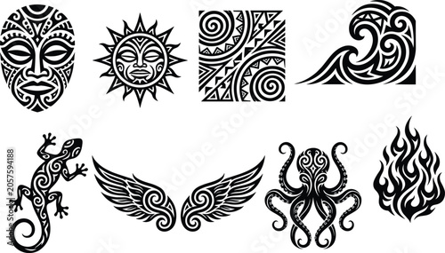 Photography A collection of tribal-style decorative tattoo elements featuring masks, animals