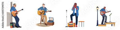 Bild auf Leinwand A collection of flat illustrations featuring diverse male street musicians playing guitars and harmonica in various settings, embodying a blues and folk aesthetic