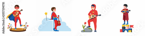 Schilderij op canvas Set of four playful illustrations featuring a young boy in a superhero costume playing guitar and ukulele in various imaginative scenes
