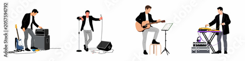 Bild auf Leinwand Set of male musician illustrations featuring singer, electric guitarist, acoustic guitar player, and keyboardist with equipment isolated on white background