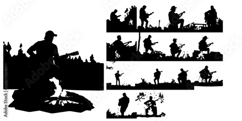 Man Playing Acoustic Guitar By A Campfire Silhouette