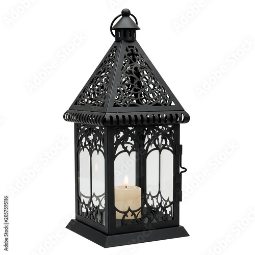 Black wrought iron lantern with candle light inside isolated on white background