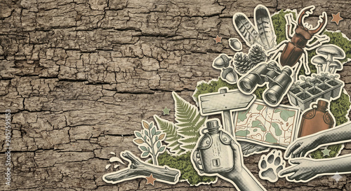 Vintage Editorial Collage of Forest Conservation and Wildlife Protection, Nature Exploration and Biodiversity Awareness Concept for Banner with Copy Space