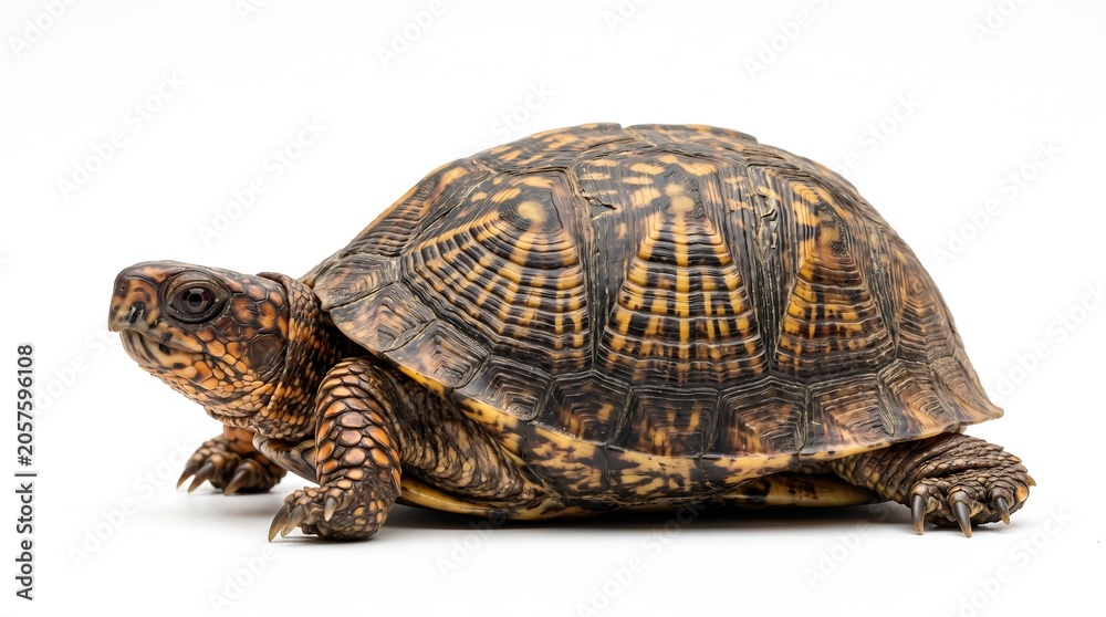 Fototapeta premium Close up Side View of an Eastern Box Turtle with Patterned Shell Isolated on a Plain White Background