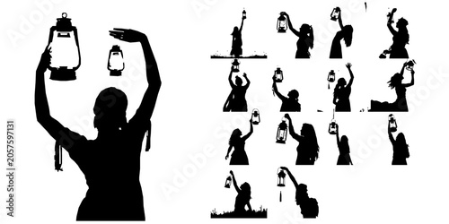 Fotografie Woman Holding a Lantern Aloft Silhouette