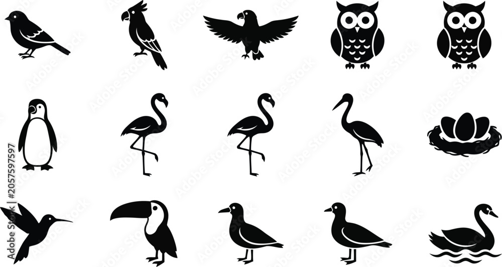 Obraz premium Set of twelve different black and white birds including owl, penguin, and duck vector illustrations Vector