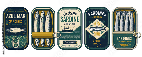 Collection of five vintage-style canned sardine labels with diverse designs