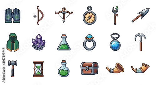 Foto Eighteen pixel art icons showcasing fantasy RPG items like weapons, potions, magic artifacts, and equipment, set against a plain white background