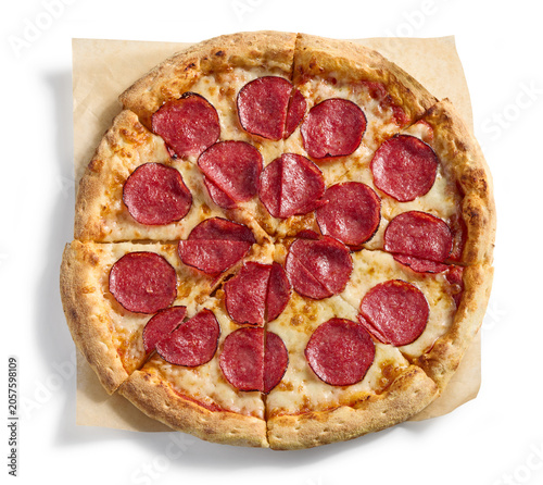 freshly baked pizza salami on white background, top view