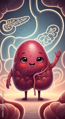 Cartoon baby with pacifier and colorful swirls background.