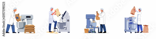 Collection of industrial bakery workers operating large commercial dough mixers and pouring flour sacks in a professional food production facility.