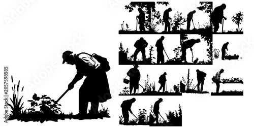 Tableau sur toile Old Man Tending a Garden Silhouette