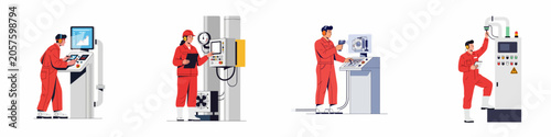 Set of flat vector illustrations of industrial workers in red overalls operating machinery, control panels, and monitoring production processes in a modern factory.