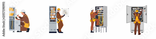 Set of professional electricians in overalls and hard hats installing, repairing, and maintaining electrical control panels and circuit breakers on a white background.